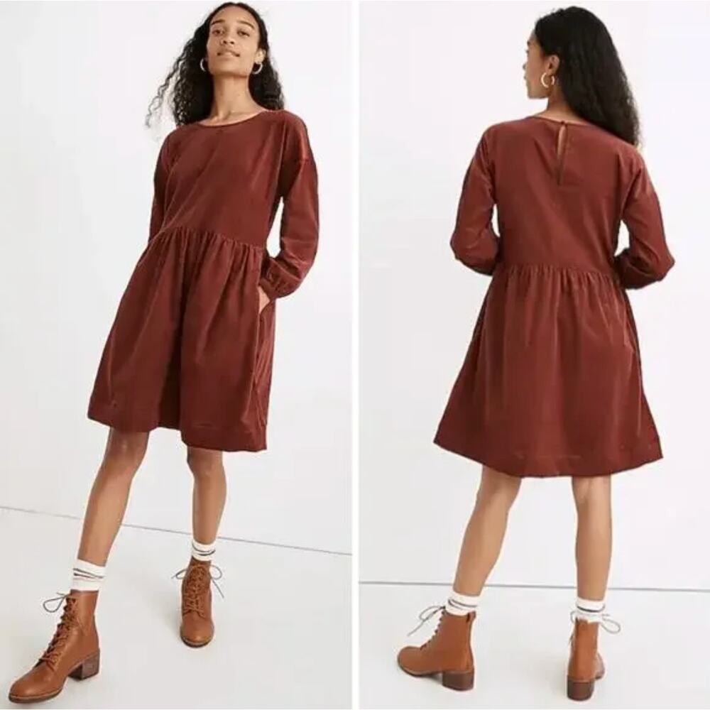 New! Madewell Corduroy Relaxed Mini Dress in rusted burgundy, size M